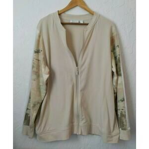 D&Co Active Sports Jacket Full Zip Up Women size XL Beige with Camo Sleeves